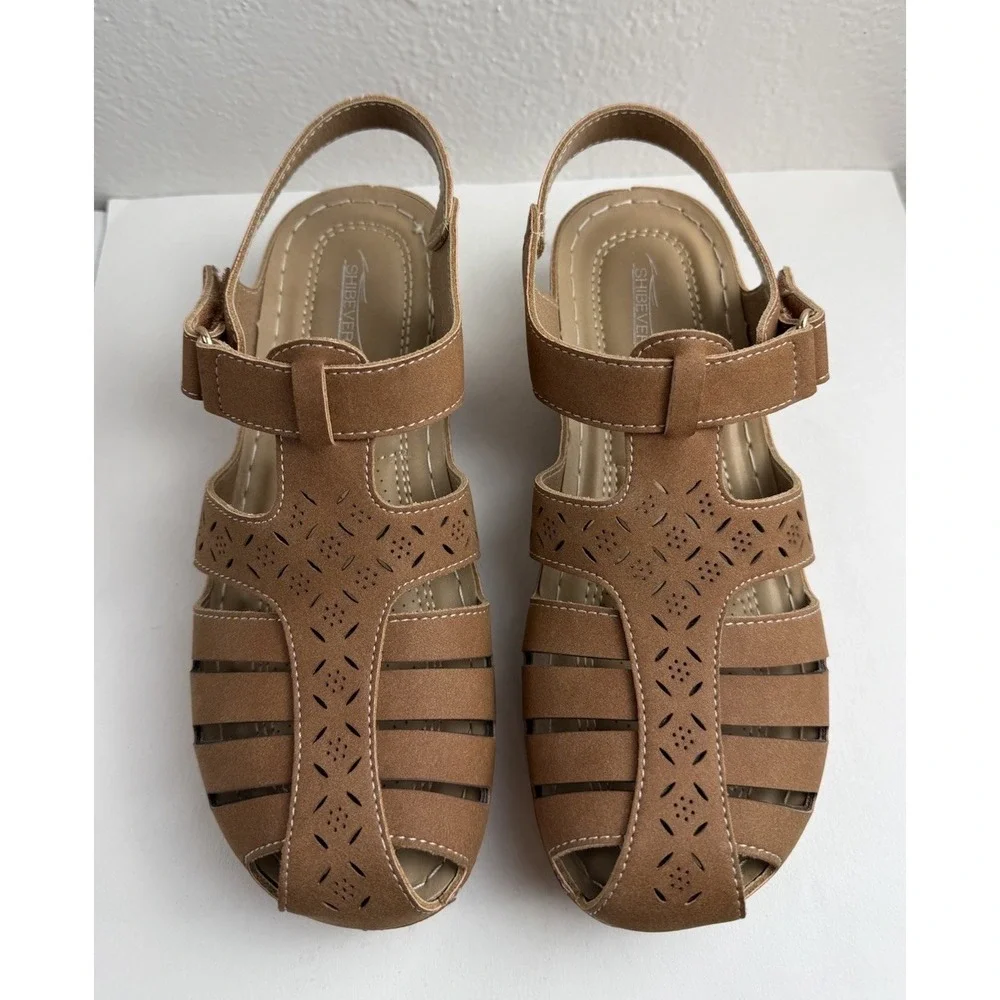 Shibever Comfort Fisherman Sandal 8 Womens Brown Slingback Cutout Casual Shoes